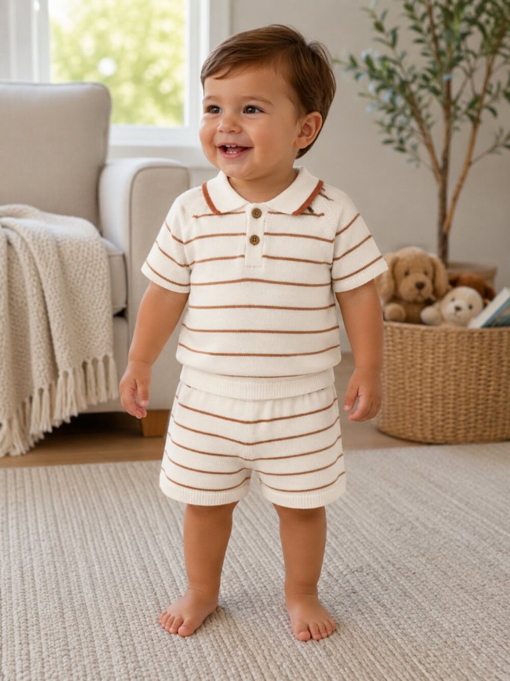 NWT Cloud Island Toddler Boy Knit Short Set 2 Piece Outfit Cream Stripe